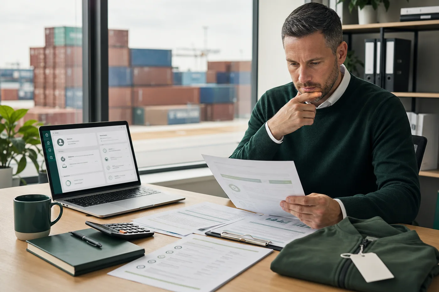 A UK importer reviewing supplier documents, a product sample and purchasing information before placing an order