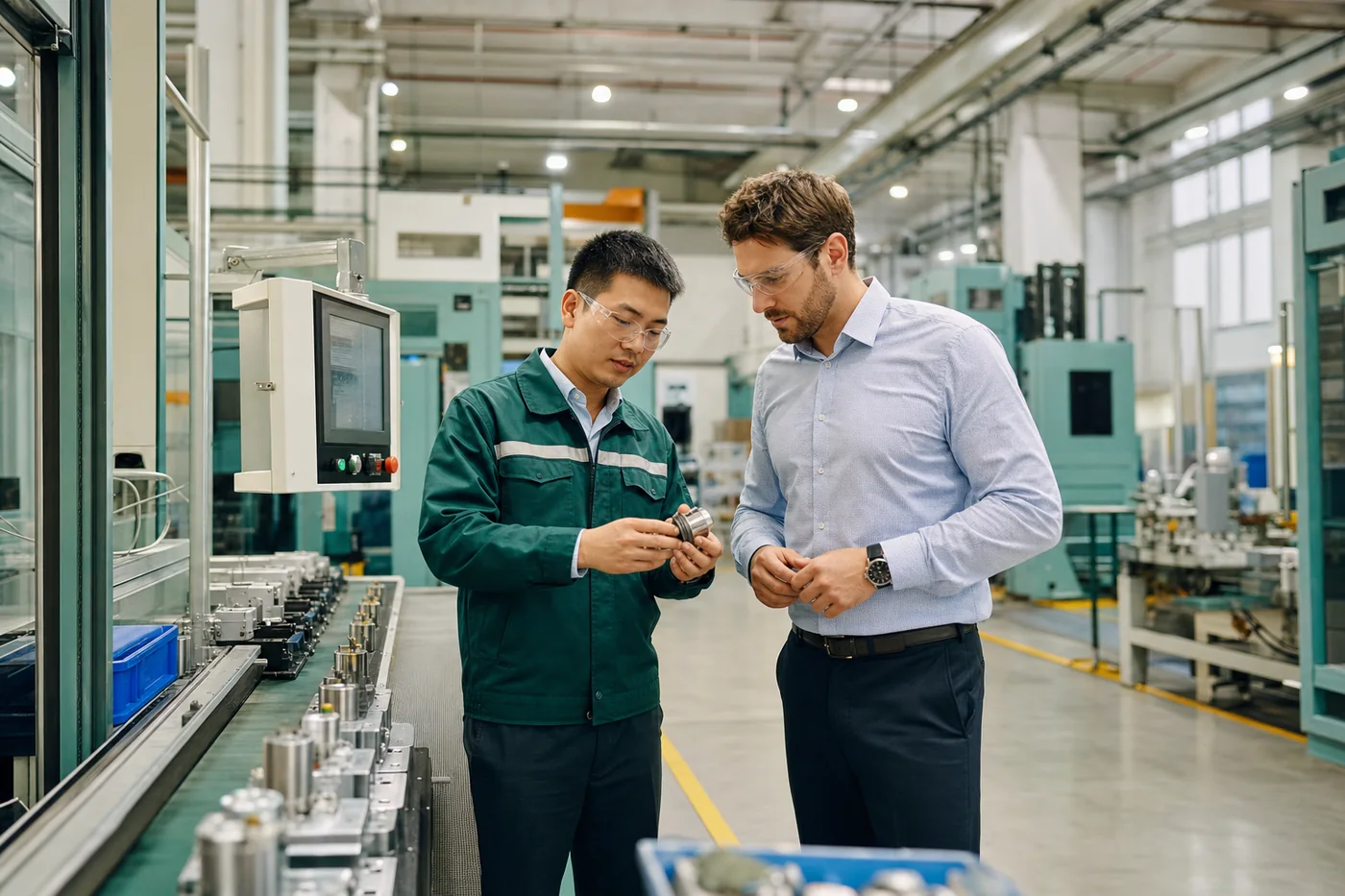 A buyer and manufacturing engineer reviewing production capability inside a modern factory in China